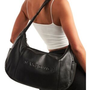 Black Leather Slouchy Shoulder Bag with Crescent Shape